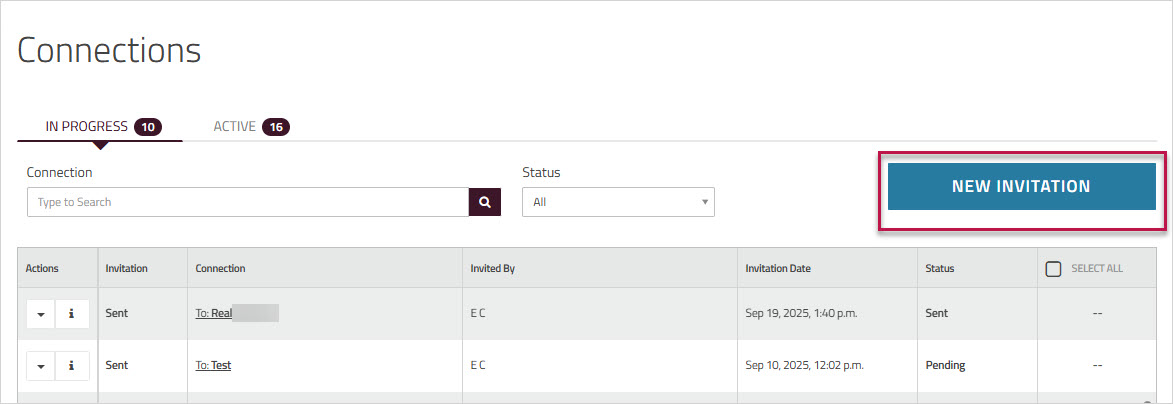 Connections page showing the New Invitation button